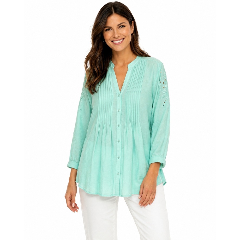 Soft Surrounds Mint Green Cotton Gauze Pintuck Embroidered Tunic Top Size M